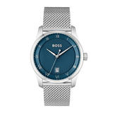 A Hugo Boss men's analog watch featuring a textured blue dial, silver-tone stainless steel case, and a matching silver-tone mesh strap, shown against a plain white background.