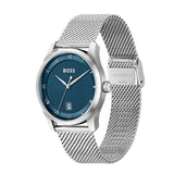 Hugo Boss men's watch featuring a textured blue dial, silver-tone stainless steel case, and a matching silver-tone mesh strap, shown against a plain white background.