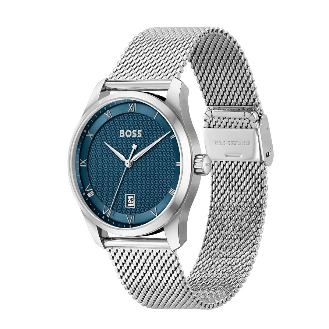 Hugo Boss men's watch featuring a textured blue dial, silver-tone stainless steel case, and a matching silver-tone mesh strap, shown against a plain white background.