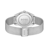 Silver stainless steel watch shown from the back, featuring a mesh strap, a silver case, and the BOSS logo engraved on the back cover and clasp, set against a plain white background.