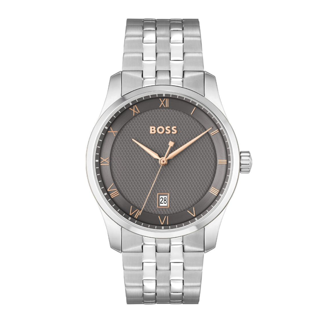 A Hugo Boss men's analog watch with a silver stainless steel link bracelet, a textured dark gray dial, gold-tone hands and markers, and a date window at 3 o'clock.