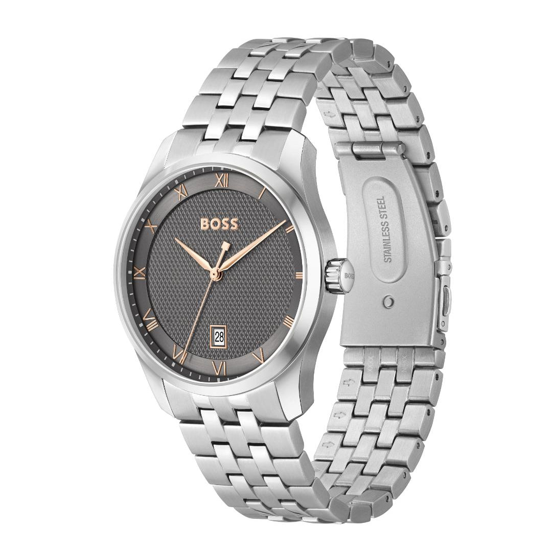 A Hugo Boss stainless steel watch with a textured dark gray dial, gold-tone hands and Roman numeral hour markers, and a matching steel link bracelet, shown on a plain white background.