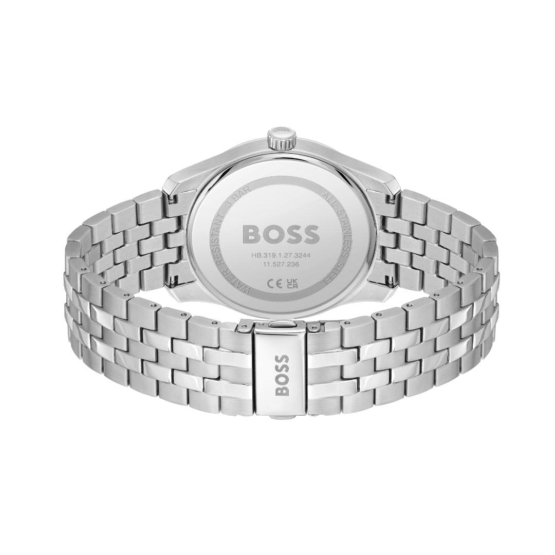 Silver stainless steel watch band and case back with BOSS branding, shown on a clean white background.