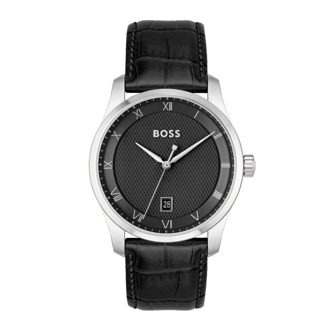 A BOSS men's analog watch with a black textured dial, silver-tone stainless steel case, and a black alligator-pattern leather strap, shown against a plain white background.
