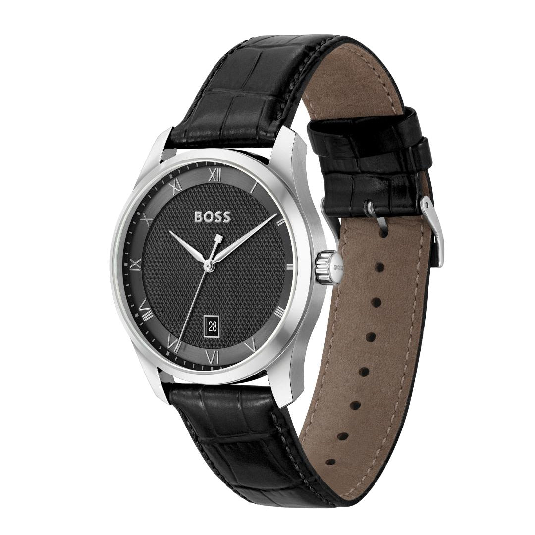 A Hugo Boss men's analog watch with a black textured dial, silver-tone case, and a black alligator-patterned leather strap with a tan interior, shown on a plain white background.