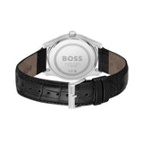Black watch with silver case and 'BOSS' branding on a white background