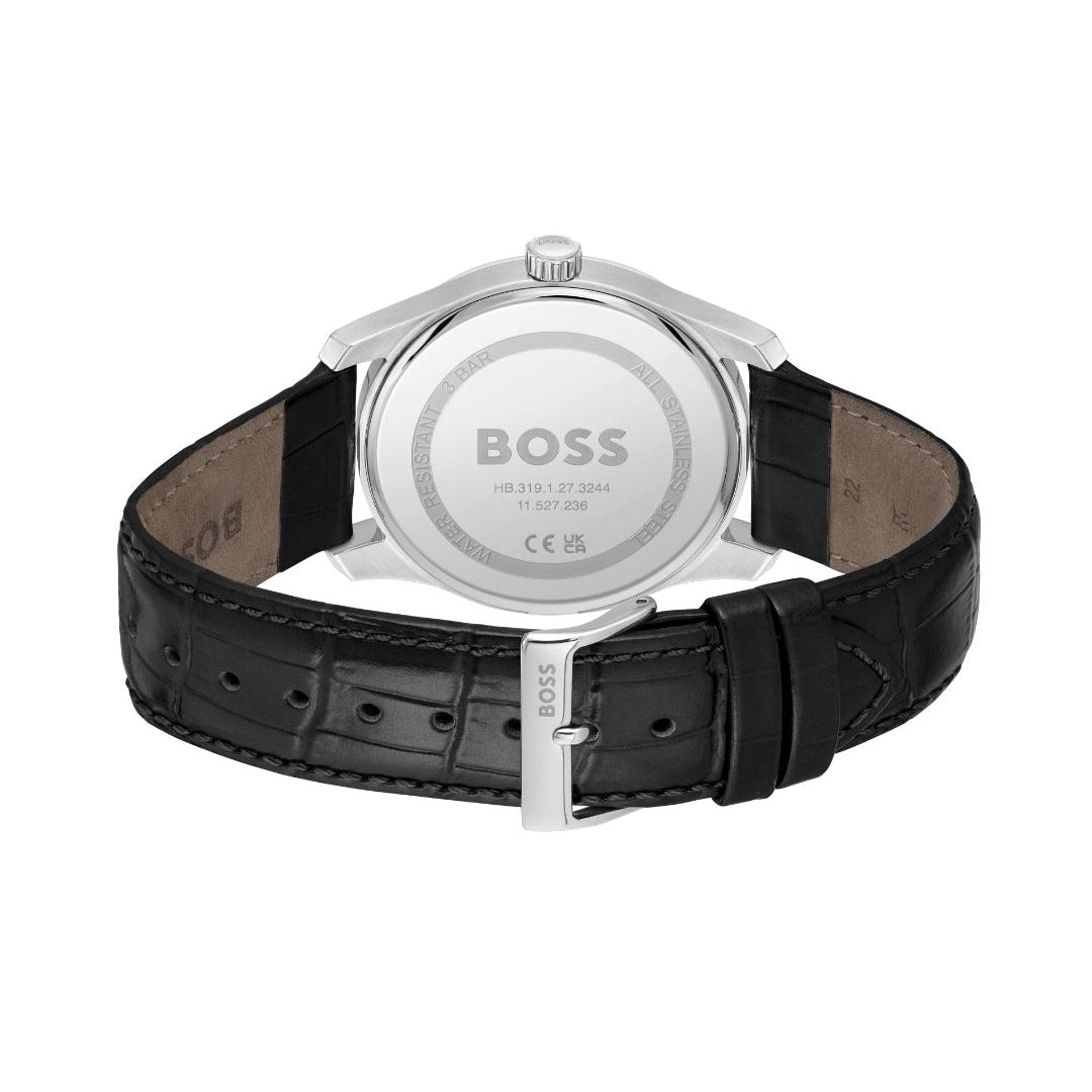 Black watch with silver case and 'BOSS' branding on a white background