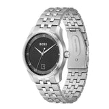 A silver stainless steel wrist watch with a black textured dial, Roman numeral hour markers, and a matching steel link bracelet, shown on a plain white background.