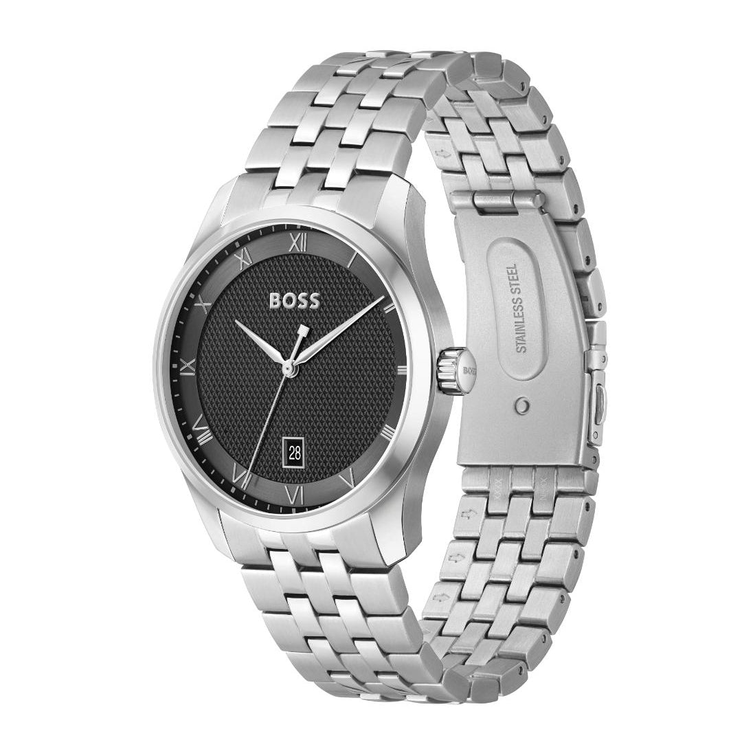A silver stainless steel wrist watch with a black textured dial, Roman numeral hour markers, and a matching steel link bracelet, shown on a plain white background.
