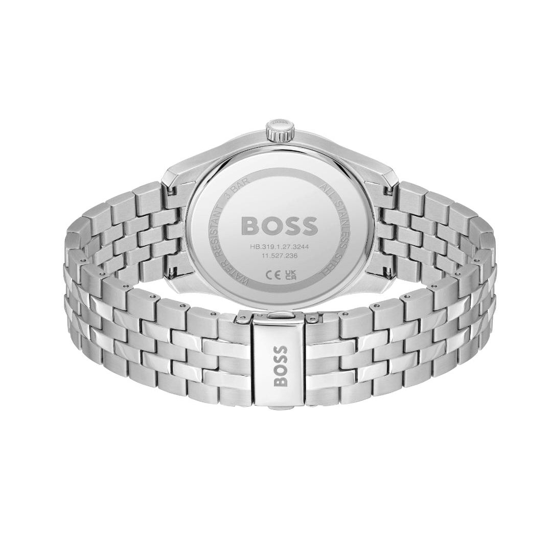 Silver stainless steel watch band and case back with BOSS branding, shown on a clean white background.