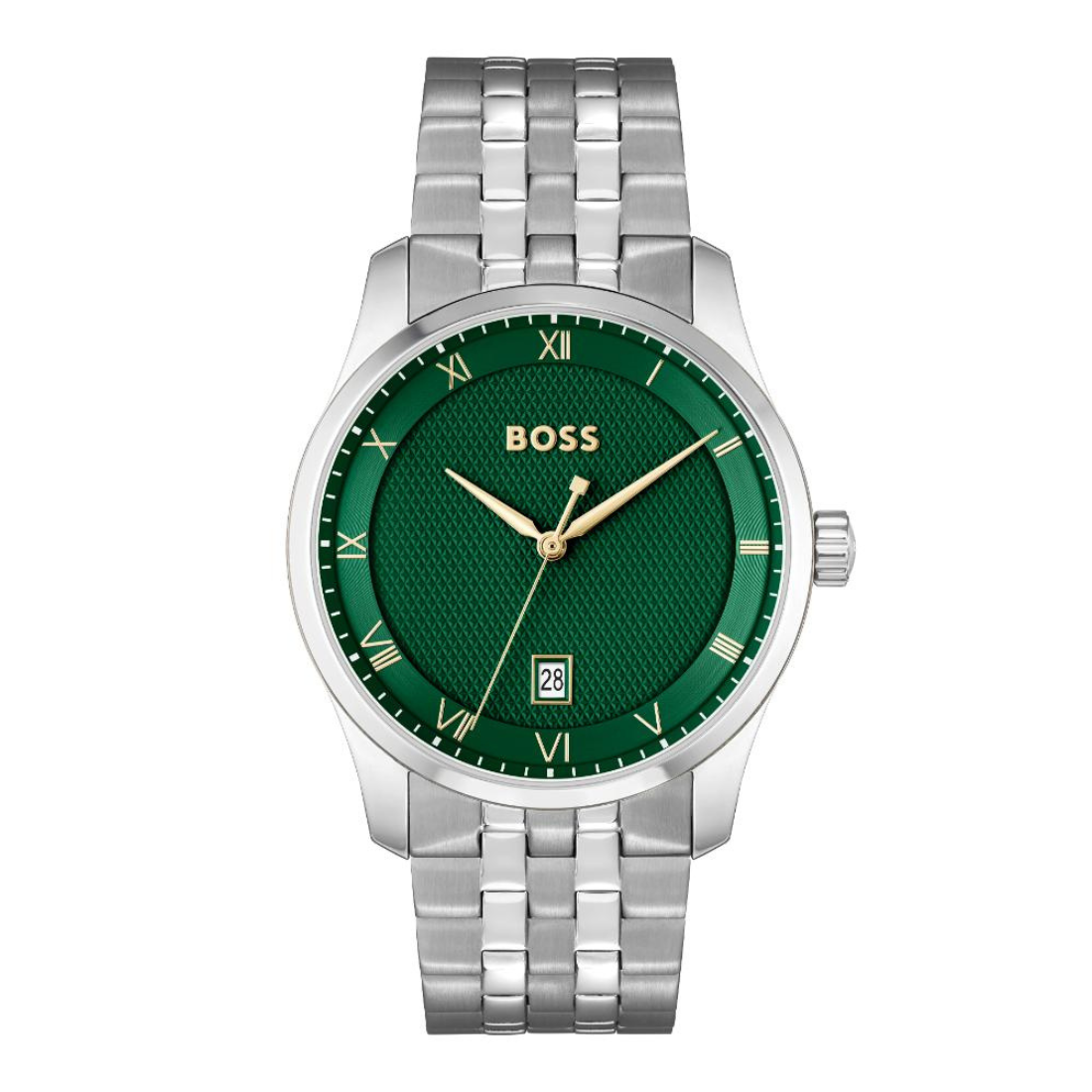 A Hugo Boss men's analog watch with a textured green dial, gold-tone hands and markers, and a silver-tone stainless steel link bracelet, shown against a plain white background.