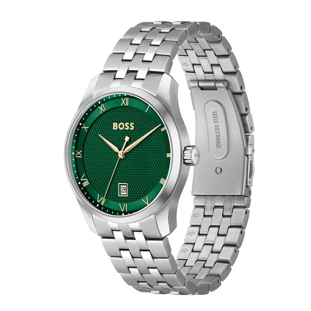 A Hugo Boss men's watch featuring a textured green dial, Roman numeral hour markers, and a silver stainless steel link bracelet, shown against a plain white background.