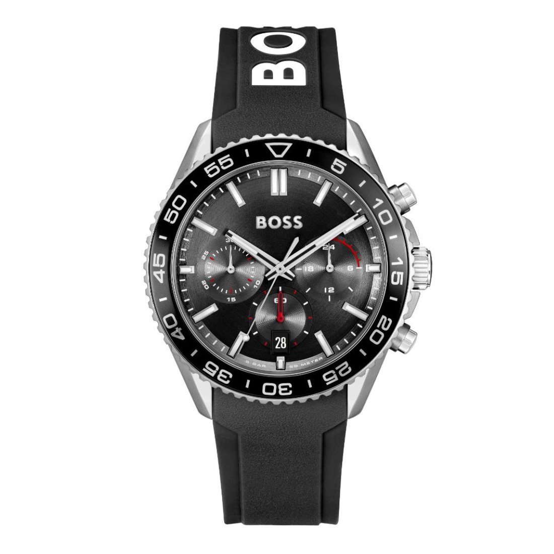 Hugo Boss men's chronograph watch with a black dial, silver-tone stainless steel case, and a black silicone strap featuring a white BO logo at the top.