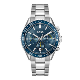 A Hugo Boss men's stainless steel chronograph watch with a blue dial and bezel, featuring silver-tone metal links and white hands and markers.