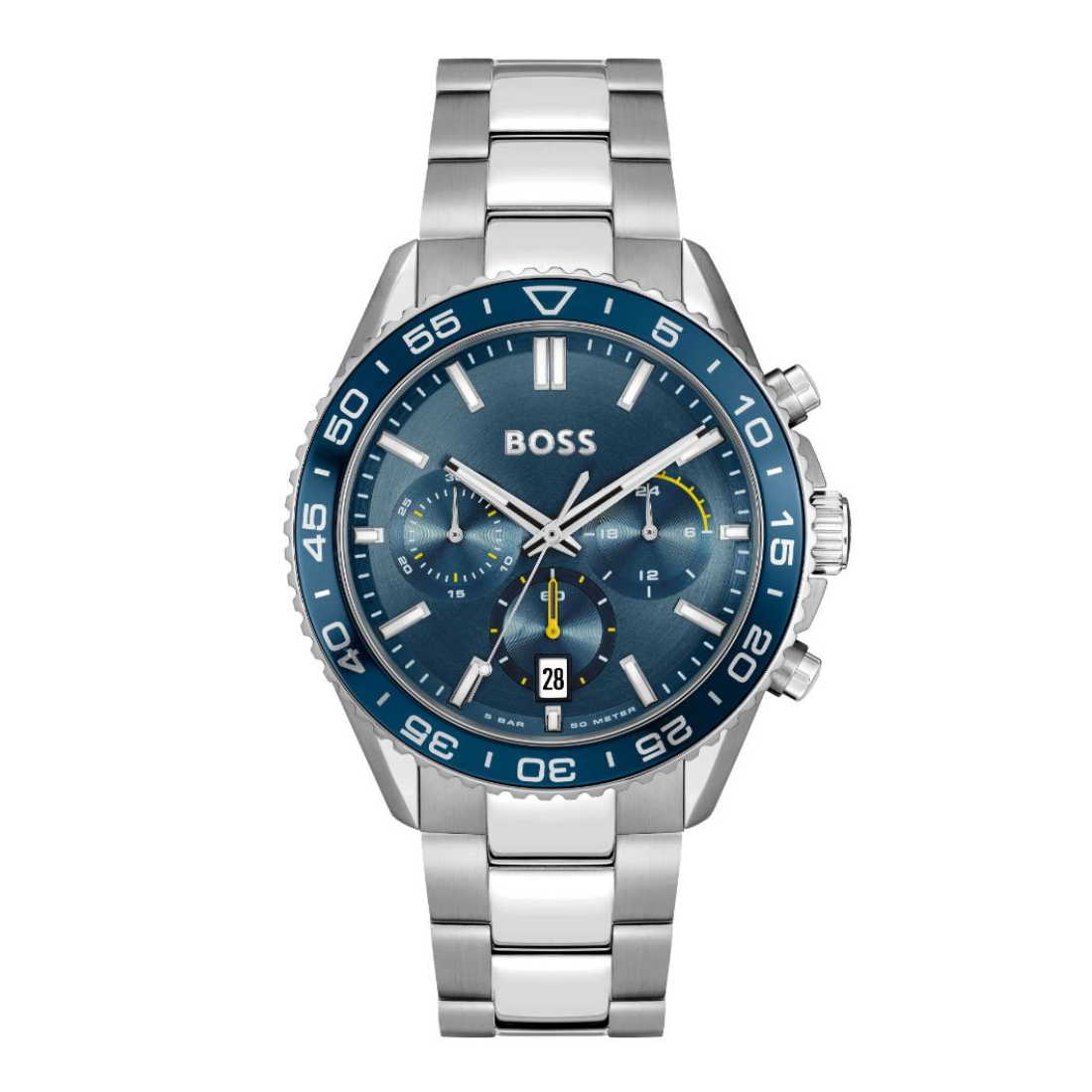 A Hugo Boss men's stainless steel chronograph watch with a blue dial and bezel, featuring silver-tone metal links and white hands and markers.