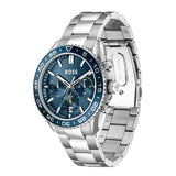 A Hugo Boss men's stainless steel watch with a blue dial, blue bezel, and silver link bracelet, shown on a plain white background.