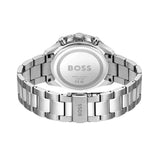 Silver stainless steel watch shown from the back, featuring a matching metal link bracelet and a circular case back engraved with the BOSS logo.