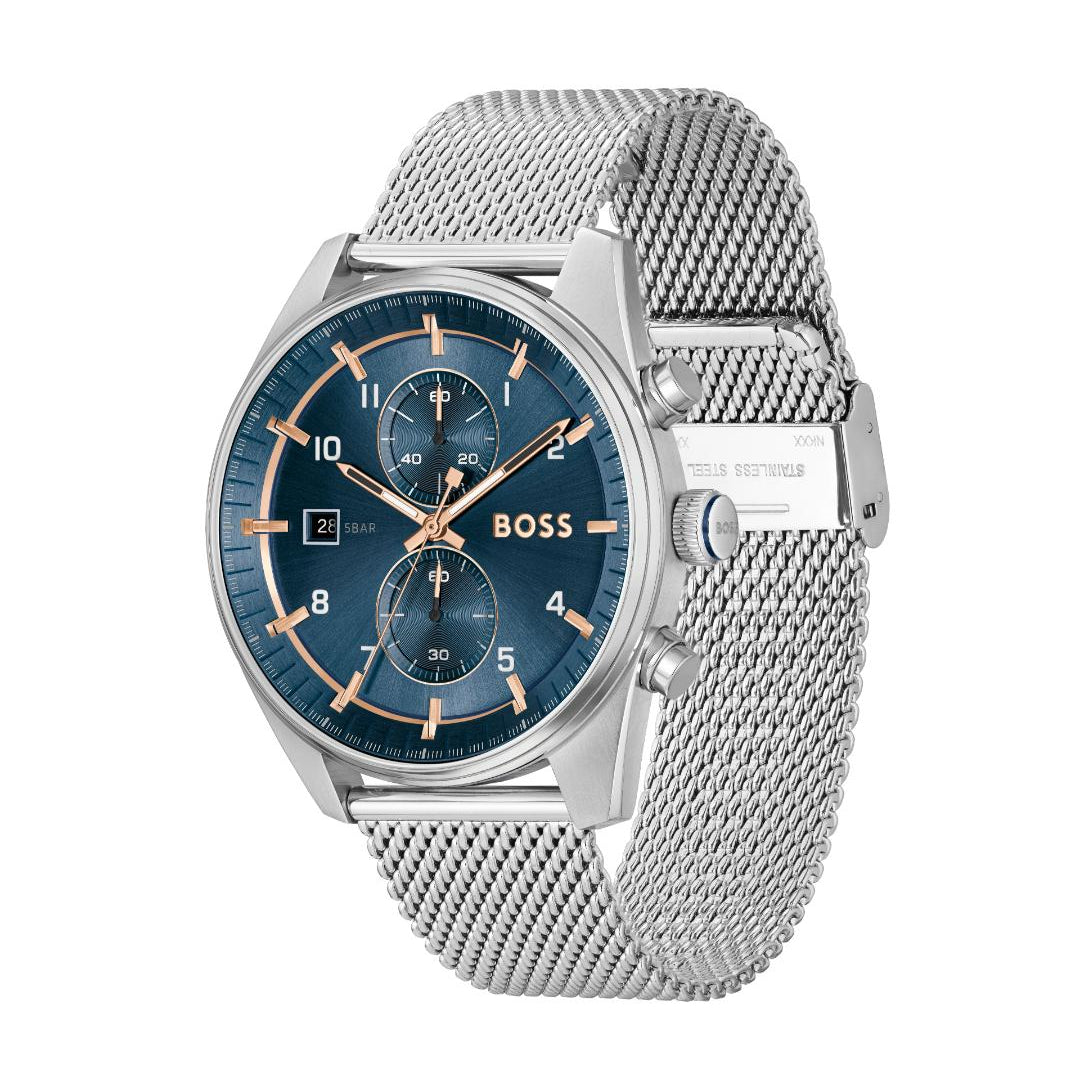 Hugo Boss men's watch featuring a silver stainless steel mesh strap, a silver-toned case, and a dark blue dial with rose gold accents and markers.