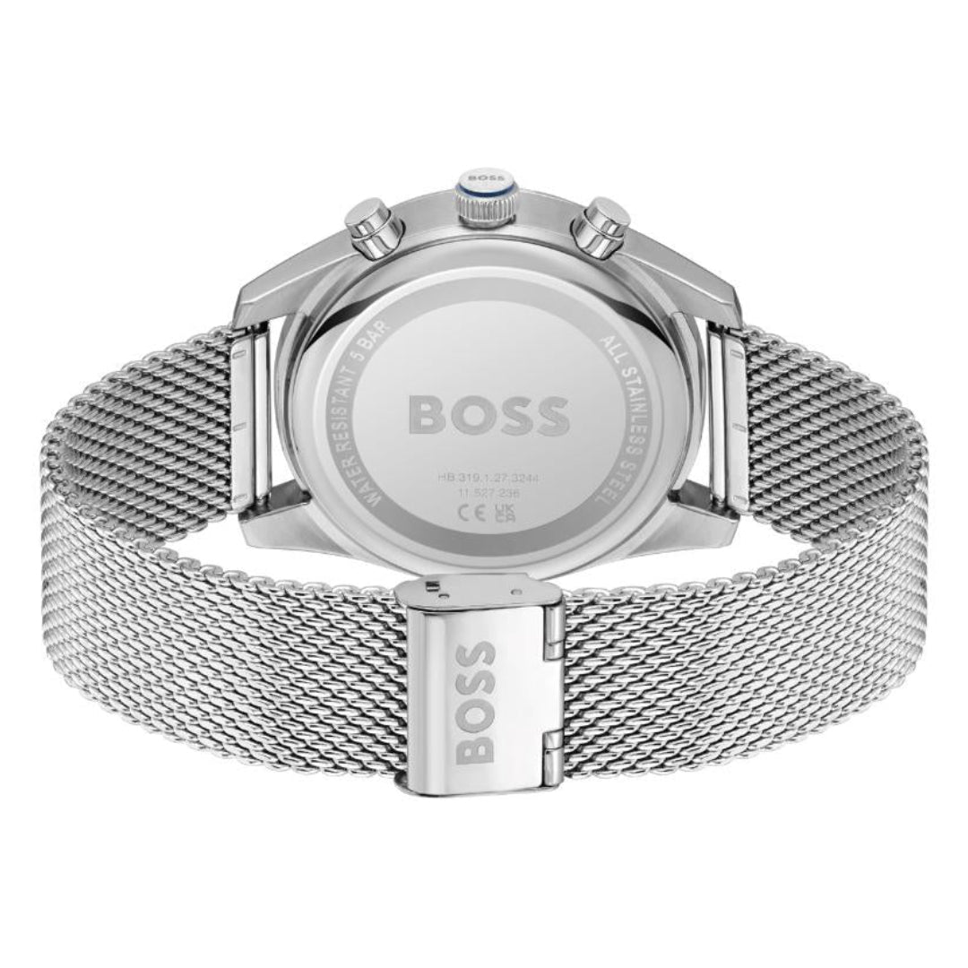Silver BOSS watch with a stainless steel mesh band, shown from the back on a white background.