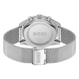 Silver BOSS watch with a stainless steel mesh band, shown from the back on a white background.