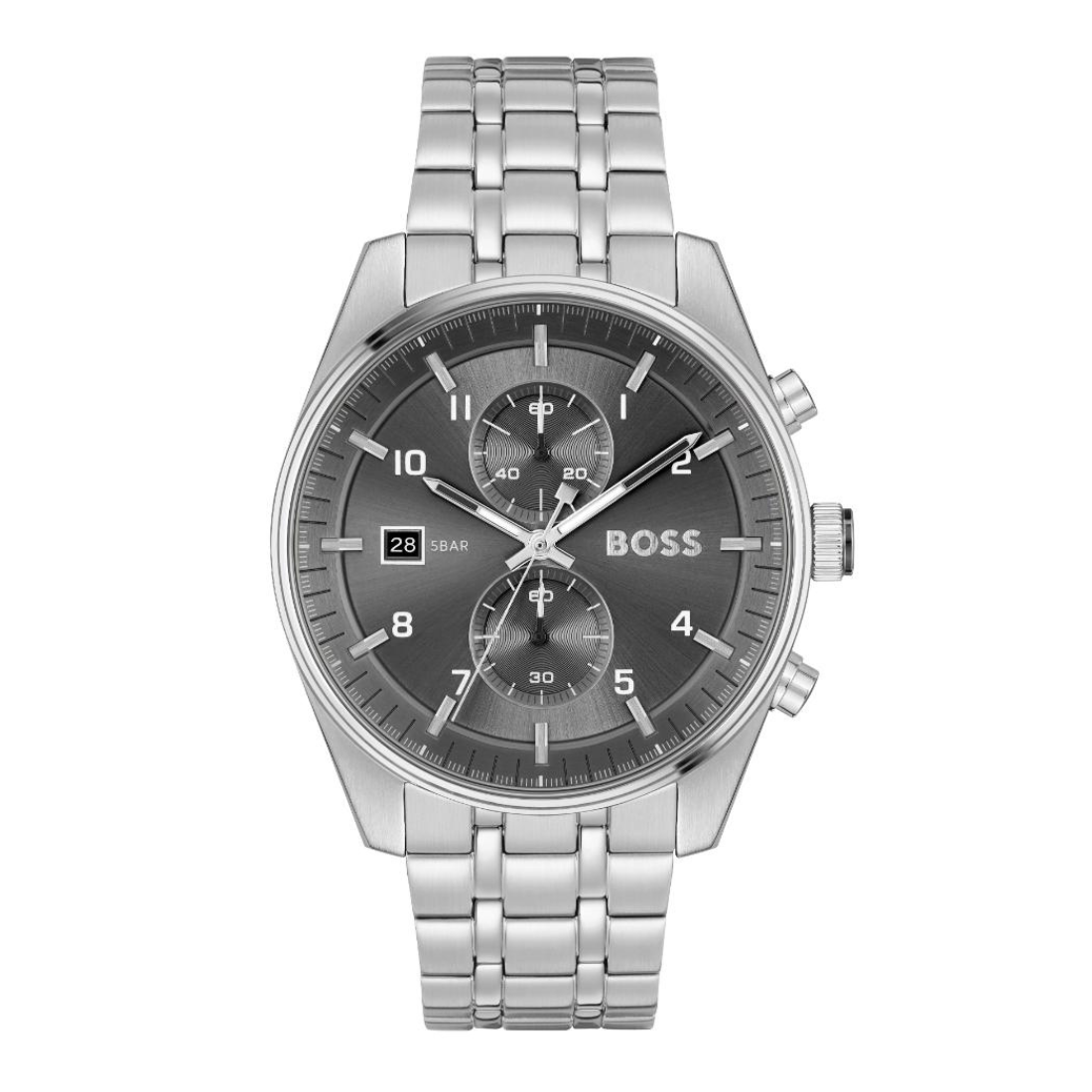 A BOSS men's analog watch with a silver stainless steel link bracelet, a silver case, and a dark gray dial featuring three subdials, a date window, and silver-tone hands and markers.