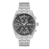 A BOSS men's analog watch with a silver stainless steel link bracelet, a silver case, and a dark gray dial featuring three subdials, a date window, and silver-tone hands and markers.