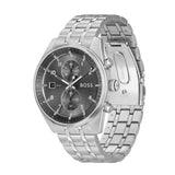 A BOSS men's analog watch with a silver stainless steel link bracelet, a silver case, and a dark gray dial featuring multiple sub-dials and a date window.