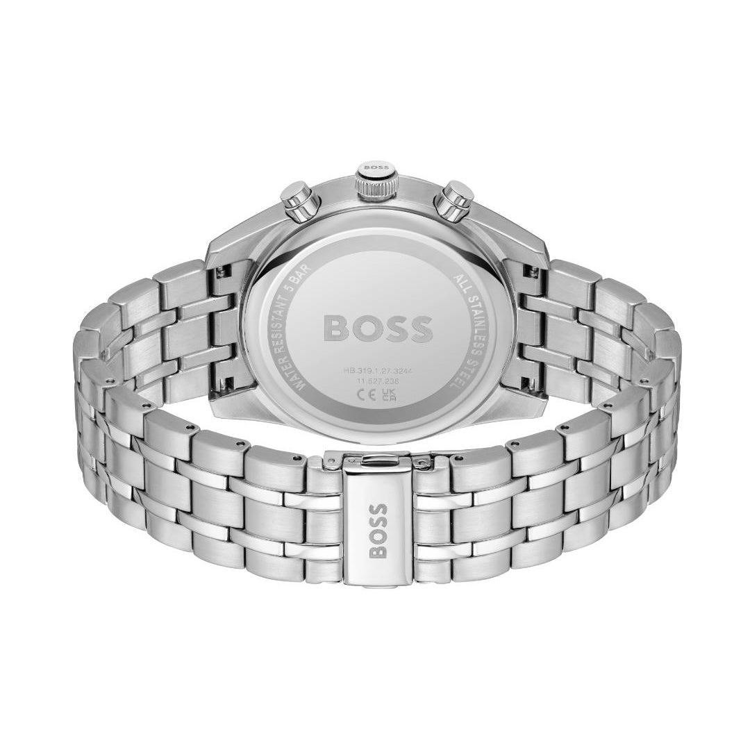 Silver stainless steel watch band with a metal link design, shown from the back with the circular case back engraved with the BOSS logo.