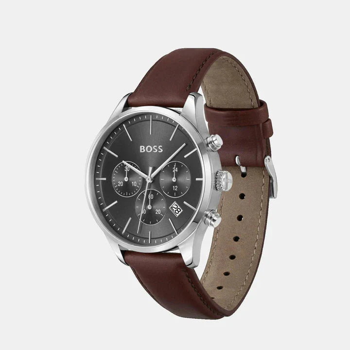 Hugo Boss Men 42 mm Quartz Analog Grey Dial Synthetic Leather Strap Watch 1514155