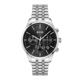 A silver-tone stainless steel chronograph watch by HUGO BOSS with a black dial, silver-tone metal link bracelet, and silver-tone case, shown against a plain white background.