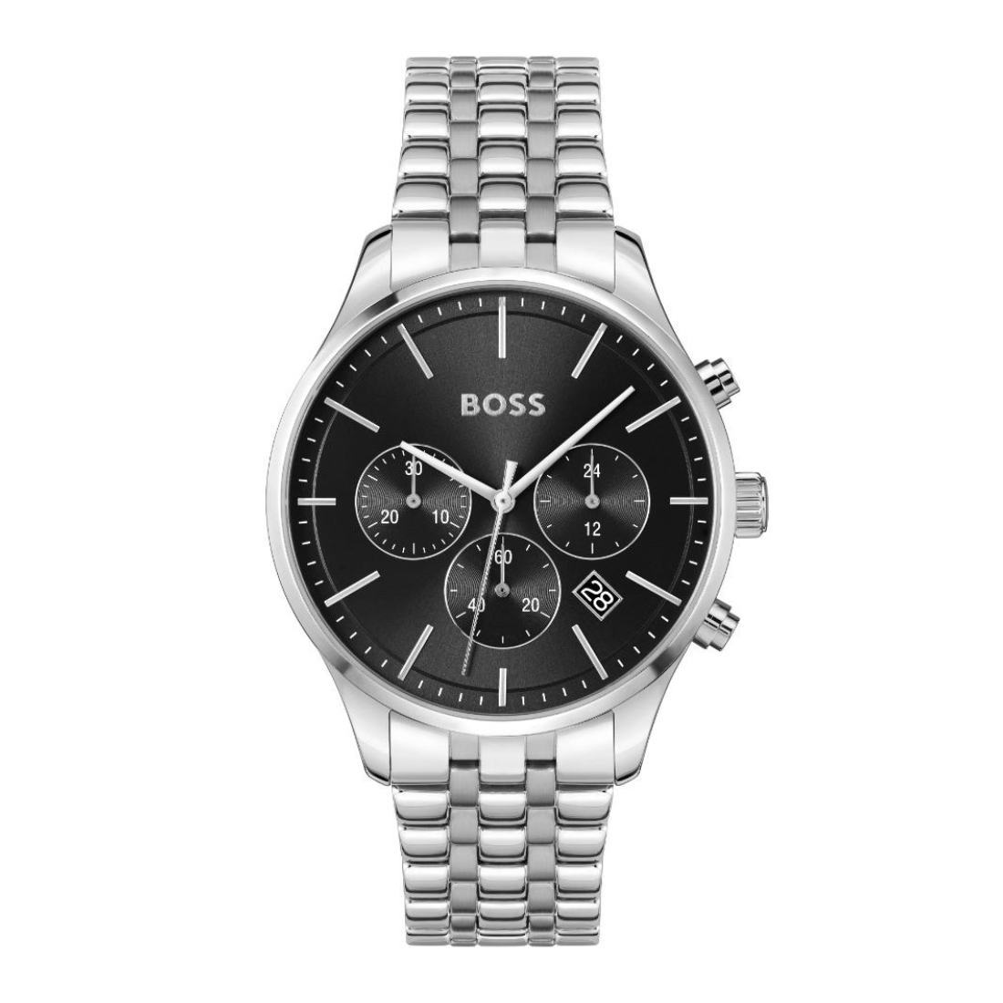 A silver-tone stainless steel chronograph watch by HUGO BOSS with a black dial, silver-tone metal link bracelet, and silver-tone case, shown against a plain white background.