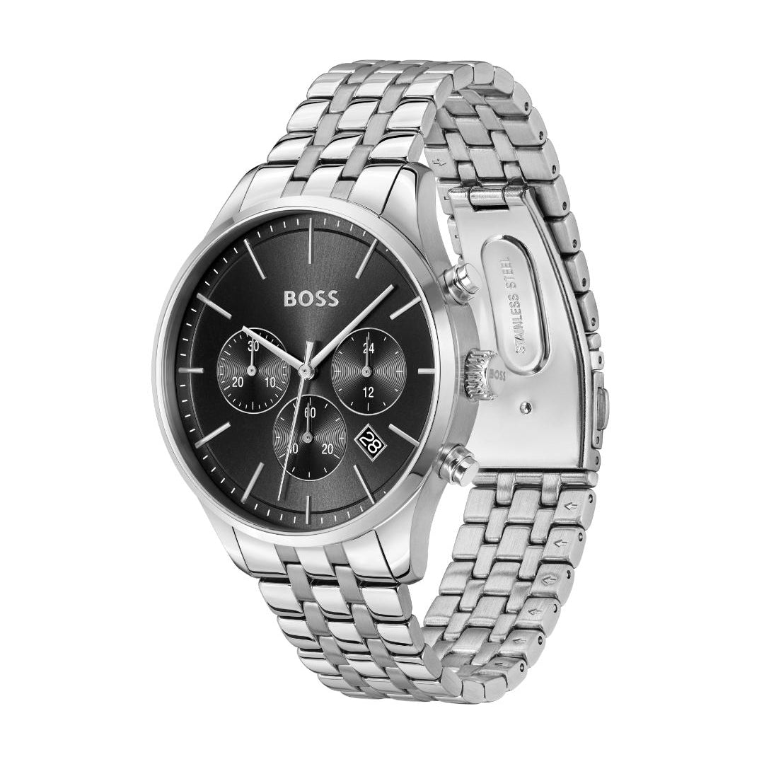 A Hugo Boss men's analog watch with a silver stainless steel link bracelet, a silver case, and a black dial featuring three subdials and a date window.