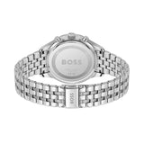 Silver stainless steel watch with a metal link bracelet, shown from the back with the round case and branded BOSS dial visible on the back cover.