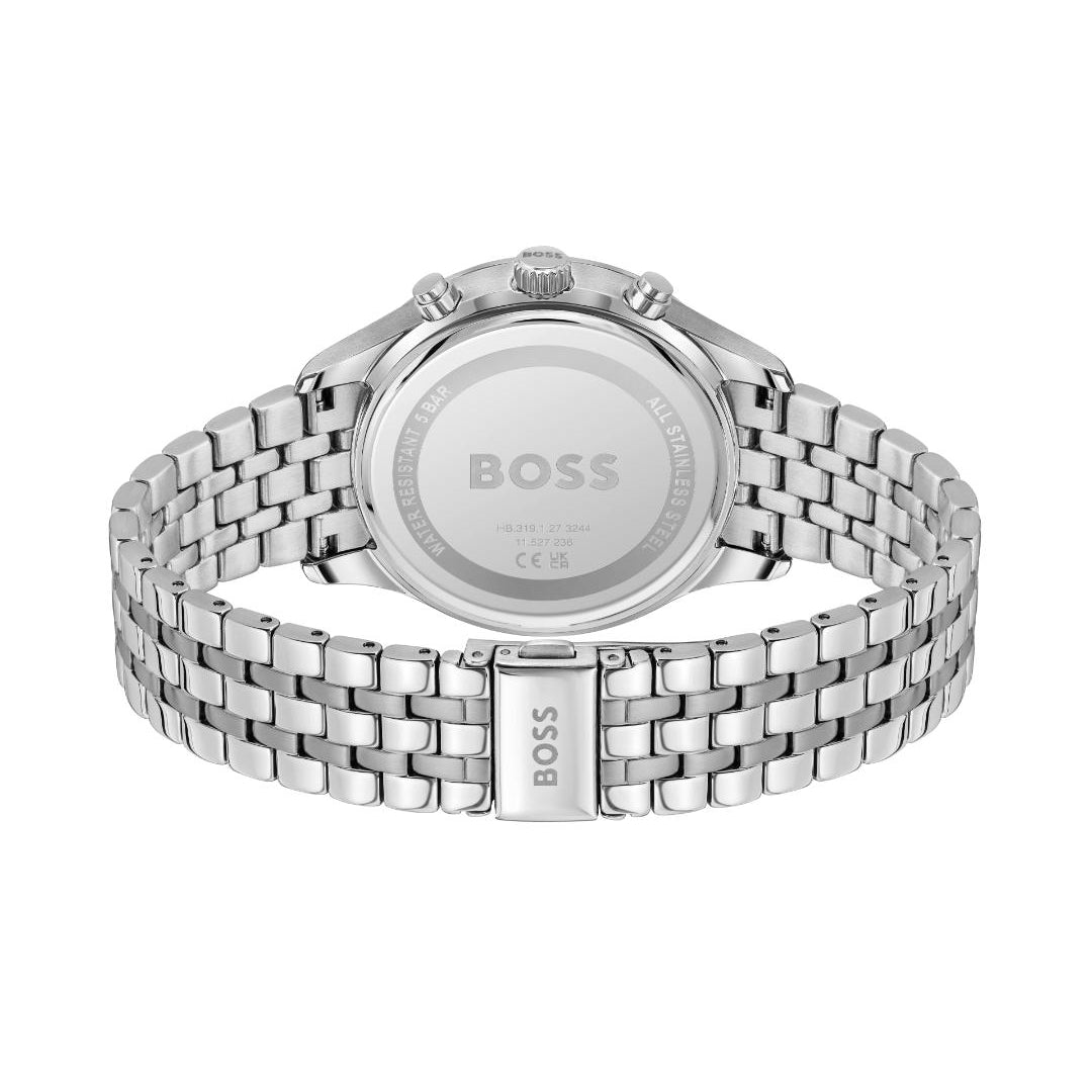 Silver stainless steel watch with a metal link bracelet, shown from the back with the round case and branded BOSS dial visible on the back cover.