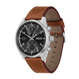 A BOSS watch with a brown leather strap, silver-tone case, and a black dial featuring multiple sub-dials and a date window.