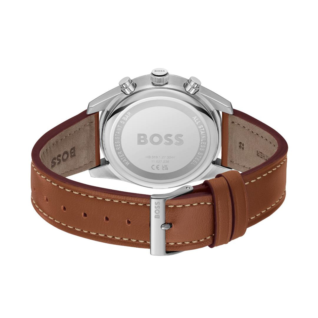 The back view of a BOSS watch with a brown leather strap and a silver stainless steel case, shown on a plain white background.