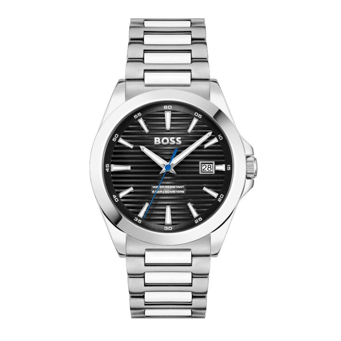 A Hugo Boss men's analog watch with a silver stainless steel link bracelet, a silver case, and a black dial featuring silver hour markers and hands, a blue seconds hand, and a date window at 3 o'clock.