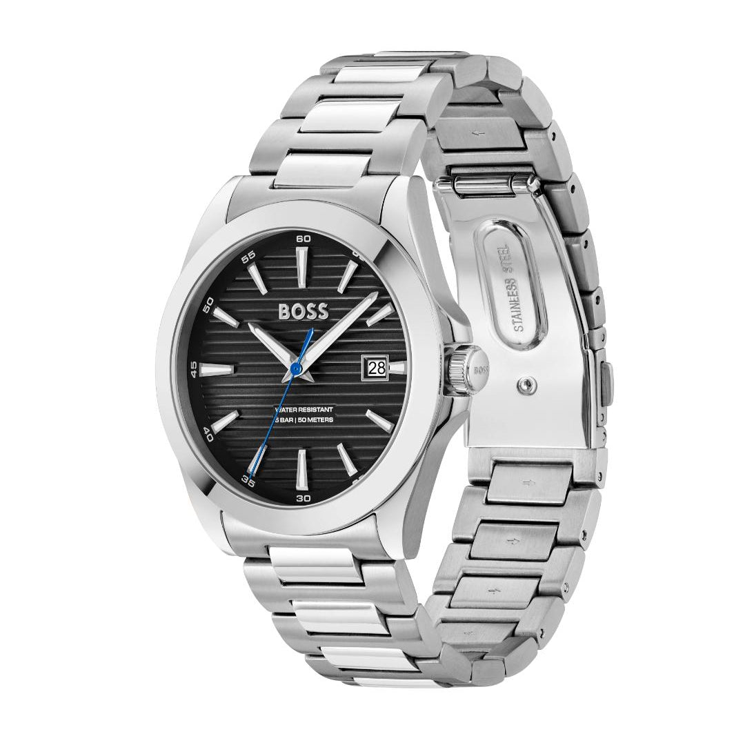 A Hugo Boss men's watch featuring a silver stainless steel link bracelet, a silver bezel, and a black dial with silver indices and a blue seconds hand.
