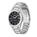 A Hugo Boss men's watch featuring a silver stainless steel link bracelet, a silver bezel, and a black dial with silver indices and a blue seconds hand.