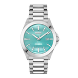 A Hugo Boss men's watch featuring a silver stainless steel case and link bracelet with a vibrant turquoise blue sunburst dial.
