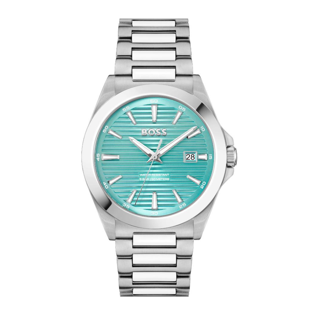 A Hugo Boss men's watch featuring a silver stainless steel case and link bracelet with a vibrant turquoise blue sunburst dial.