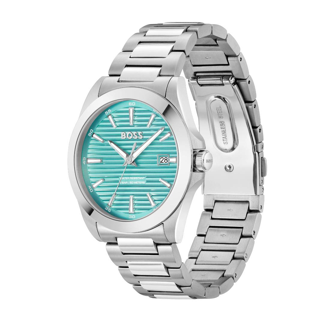 A Hugo Boss men's watch featuring a silver stainless steel link bracelet and a vibrant turquoise blue dial with silver-tone hands and markers.