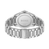 Silver stainless steel watch with a metal link bracelet, shown from the back with the BOSS logo engraved on the case back and bracelet clasp, on a white background.