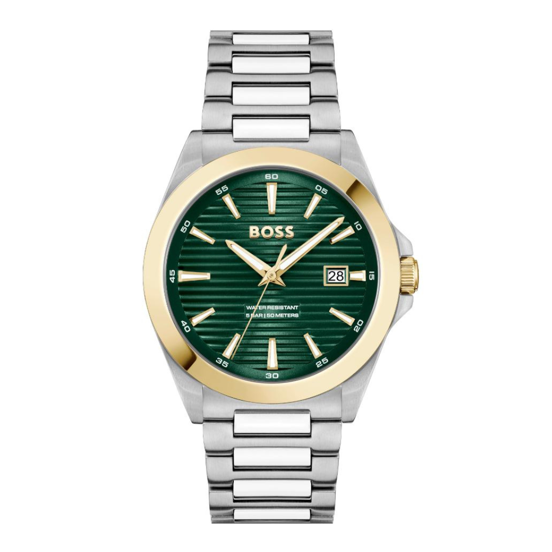 A Hugo Boss men's watch featuring a two-tone silver stainless steel and gold-tone case, with a dark green sunburst dial and a matching green and silver link bracelet, shown on a white background.