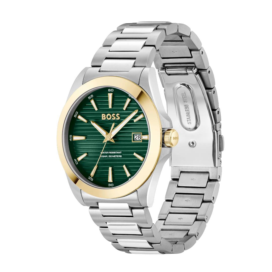 A Hugo Boss men's watch featuring a silver stainless steel link bracelet, a green dial, and gold-tone accents on the bezel, hands, and date window.