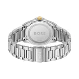 Silver stainless steel watch with a metal link bracelet, shown from the back with the BOSS logo engraved on the case back and bracelet clasp, on a white background.