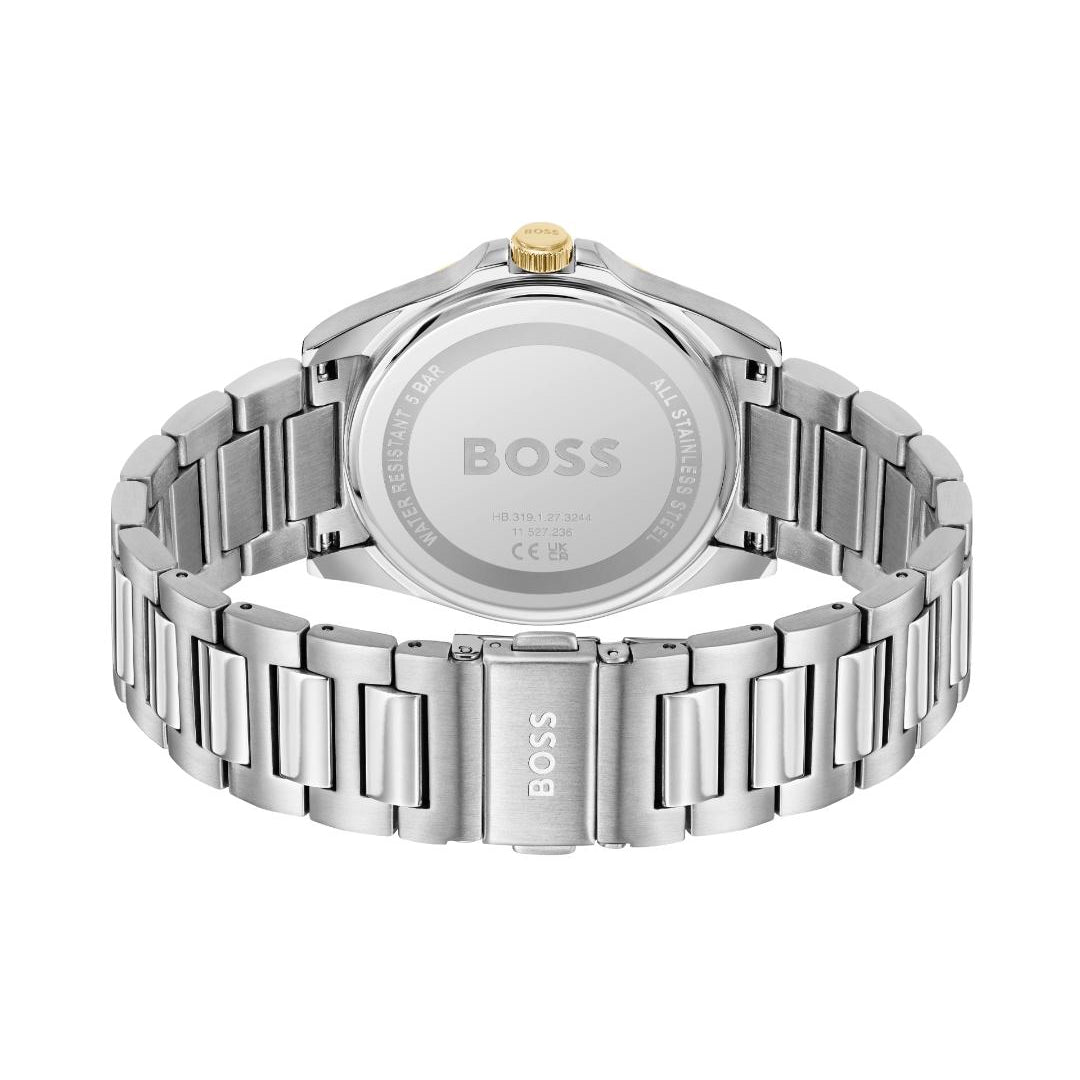 Silver stainless steel watch with a metal link bracelet, shown from the back with the BOSS logo engraved on the case back and bracelet clasp, on a white background.