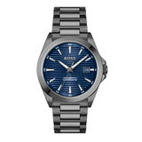 Hugo Boss men's watch featuring a dark blue sunburst dial, silver-tone hands and markers, and a dark gunmetal gray stainless steel link bracelet.
