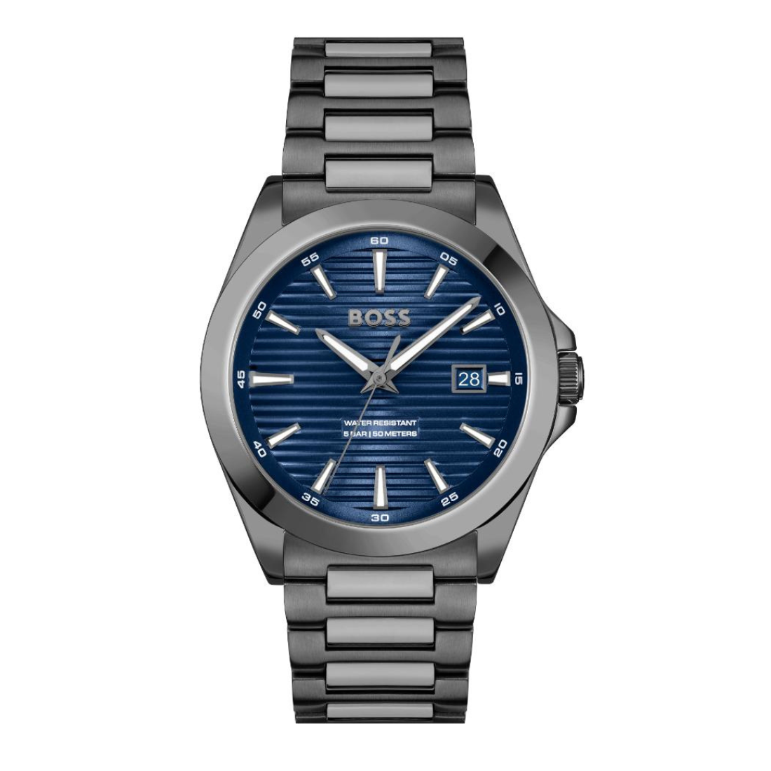 Hugo Boss men's watch featuring a dark blue sunburst dial, silver-tone hands and markers, and a dark gunmetal gray stainless steel link bracelet.