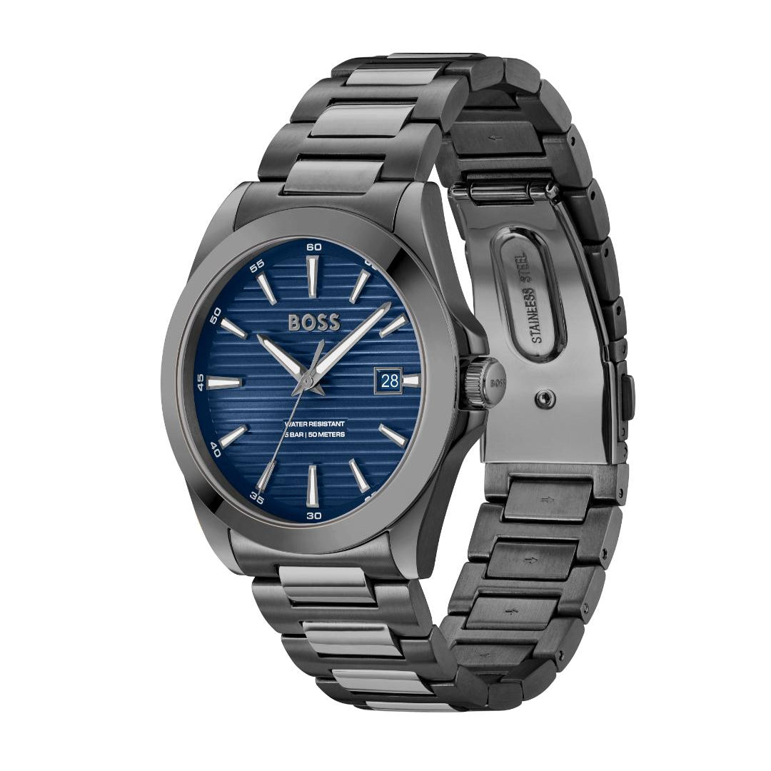 A Hugo Boss men's watch featuring a dark blue sunburst dial, silver-tone hands and indices, and a dark gray stainless steel link bracelet.